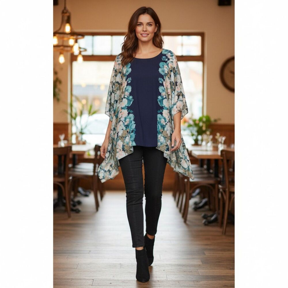 Catherines Women's Floral Kimono-Style Cardigan Sz 1X 18/20 Petite Blue White